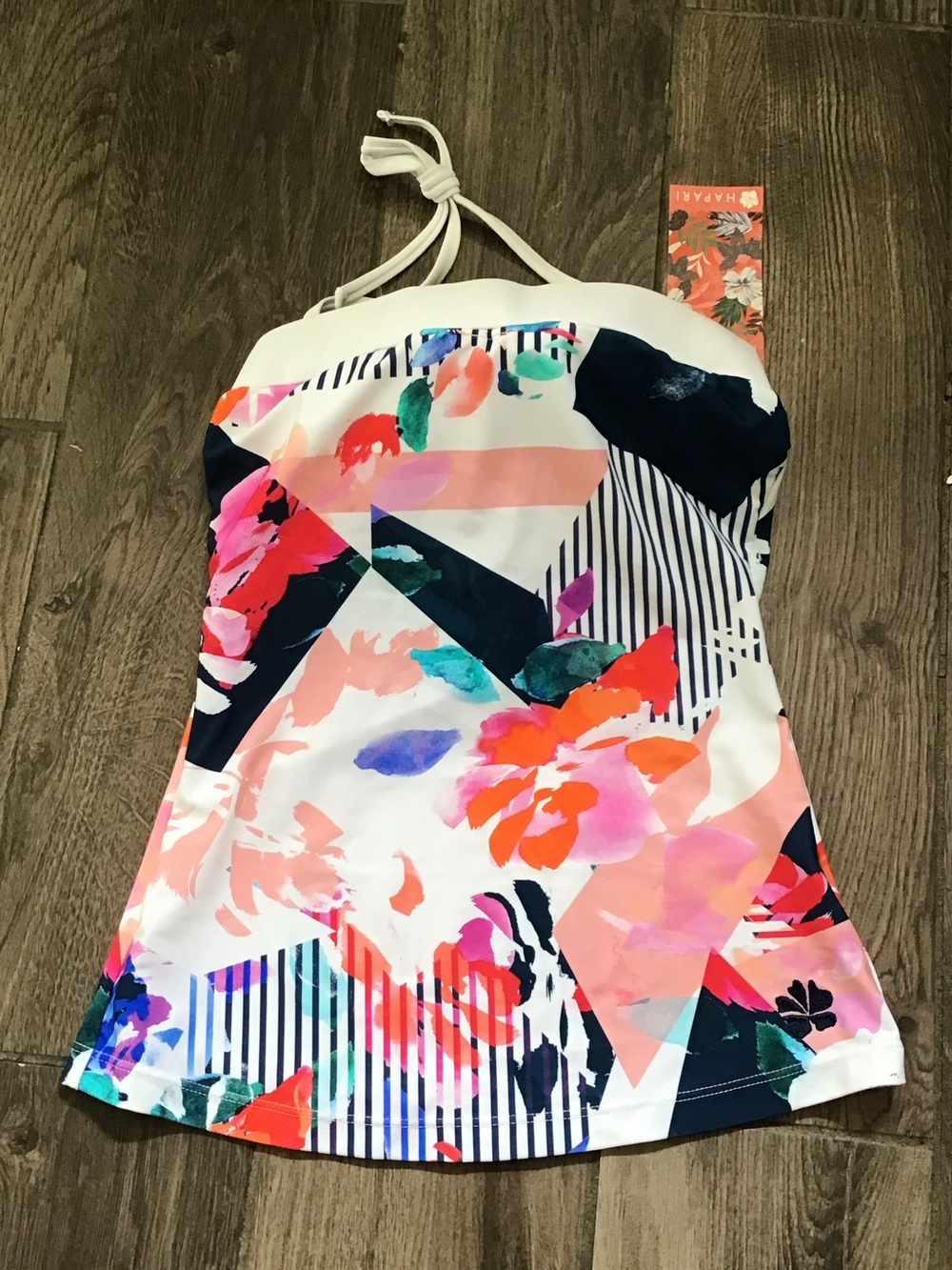 Hapari White Floral & Geometric Halter Tankini Top with Pink, Navy & Coral